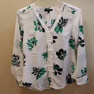 Banana Republic White Black Green Blouse Floral Shirt Top